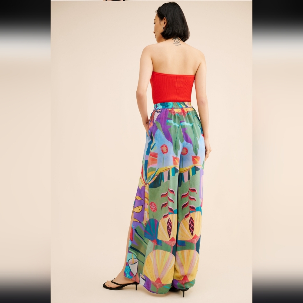 EUC FARM RIO Tropical Scenario Blue Slit Shiny Pants Size M - Picture 3 of 10